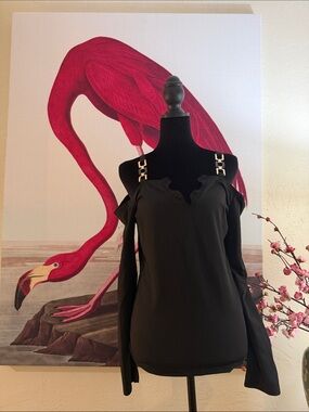CBR Black Cold-Shoulder Long Sleeve Top with Chain-Strap Accents